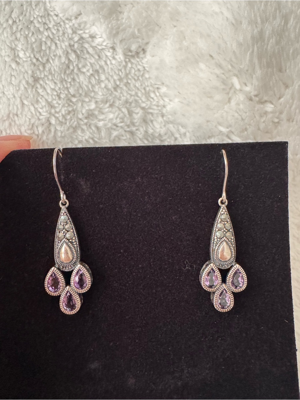 Silver Teardrop Dangle Earrings with Amethyst